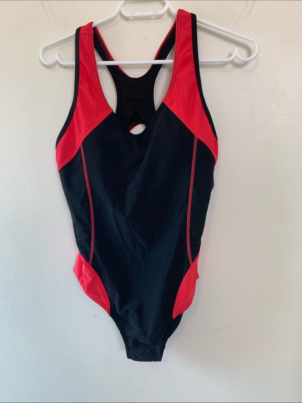 NWOT Sporty Black One-Piece Swimsuit with Red Accents